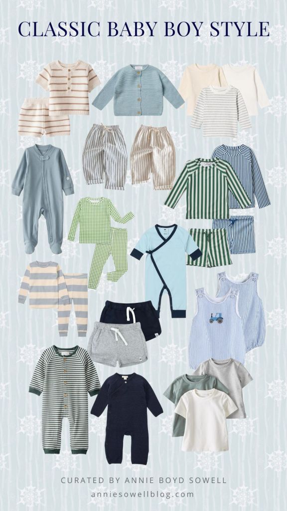 classic timeless baby boy clothes on Amazon in blue, green, khaki, beige, red, and navy