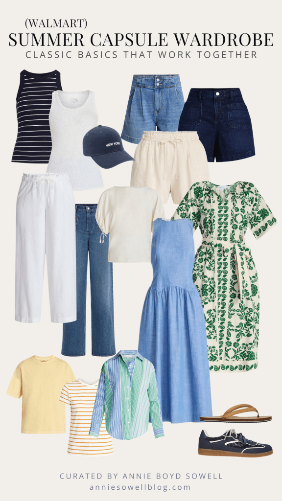 Collage-style Pinterest graphic featuring a curated summer capsule wardrobe from Walmart, including neutral tank tops, linen-blend shorts, denim shorts, lightweight summer dresses, sandals, a woven tote bag, sunglasses, and versatile layering pieces in beige, white, denim, and tan tones. The layout showcases affordable mix-and-match essentials for creating effortless summer outfits with a minimalist capsule wardrobe approach.
